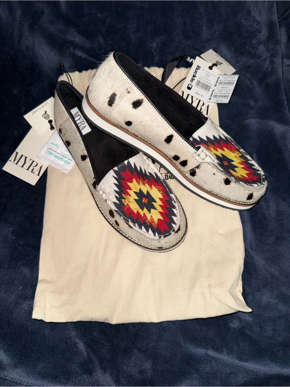 Myra Bag Women's Cowhide Loafers with Southwestern Embroidery - Black & Multi